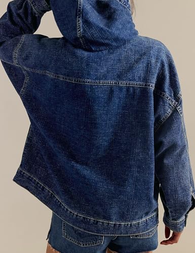Omoone Women's Denim Pullover Jacket Oversized Half Zip Hoodie Jean Top Sweatshirt with Pockets4