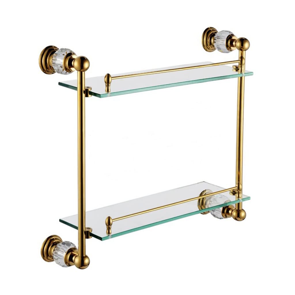 NUHSLF Shower Caddy Crystal Brass Bathroom Shelf Double Shelf Pure Copper Glass Organizer Storage Rack Bathroom Hardware Bathroom