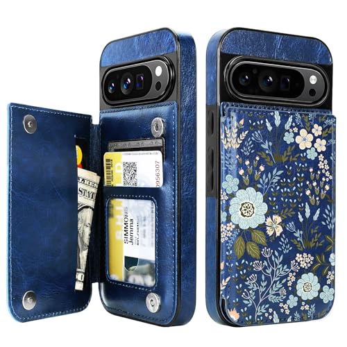 uCOLOR Compatible with Google Pixel 10 Pro XL Wallet Case with Card Holder Slot Folio Flip PU Leather Cover for Women Girls (Blue Daisy for Google Pixel 10 Pro XL)