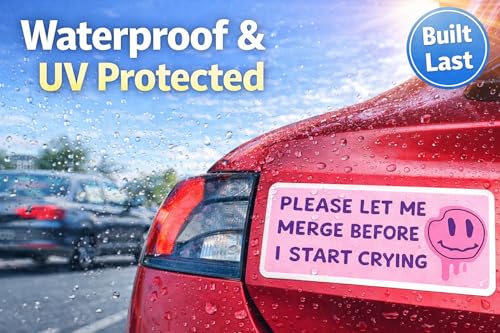 Image of WSQ Funny inchPlease Let Me Merge Before I Start Crying inch Bumper Sticker - 8 inch Waterproof Pink Vinyl Car Decal - Cute Sarcastic Driving Sticker for Women, Teens, New Drivers