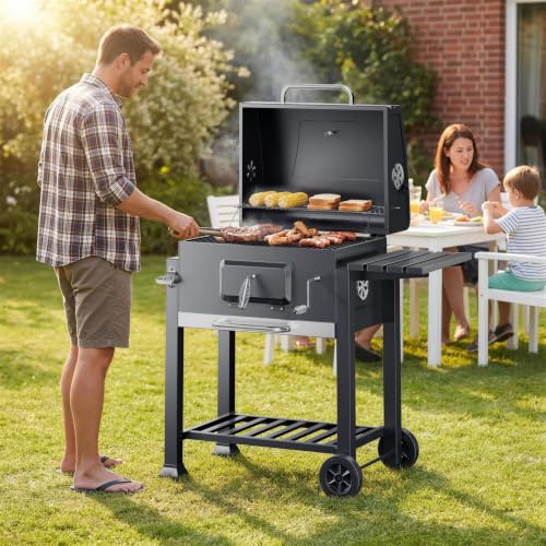 Foto von BBQ Holzkohle Grillwagen mit Deckel, Ablage und Feuerklappe, Höhenregulierung für Kohle, Thermometer