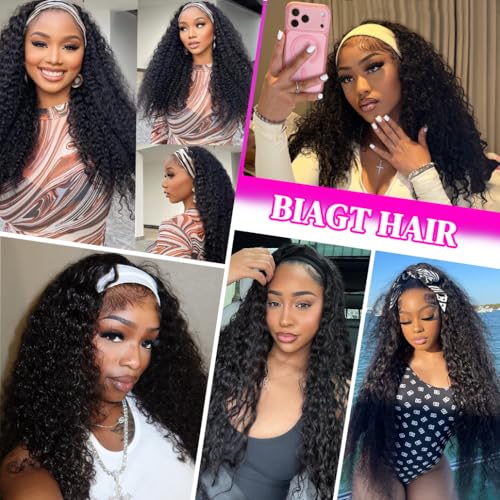 Image of 12 Inch Deep Wave Headband Wig Human Hair 200 Density Curly Headband Wigs for Black Women Wear and Go Glueless None Lace Front Wigs Natural Color, 100% Human Hair, No Shedding