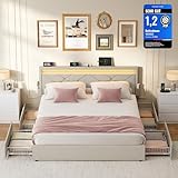 VASAGLE Doppelbettgestell, Bettgestell, 140 x 200 cm, LED, Metallbett, 4 Schubladen, Ladestation, verstellbares gepolstertes Kopfteil, cappuccinobeige RMB827LH01