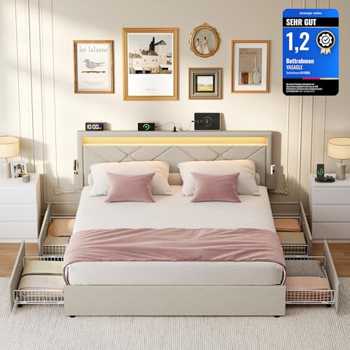 VASAGLE Doppelbettgestell, Bettgestell, 140 x 200 cm, LED, Metallbett, 4 Schubladen, Ladestation, verstellbares gepolstertes Kopfteil, cappuccinobeige RMB827LH01