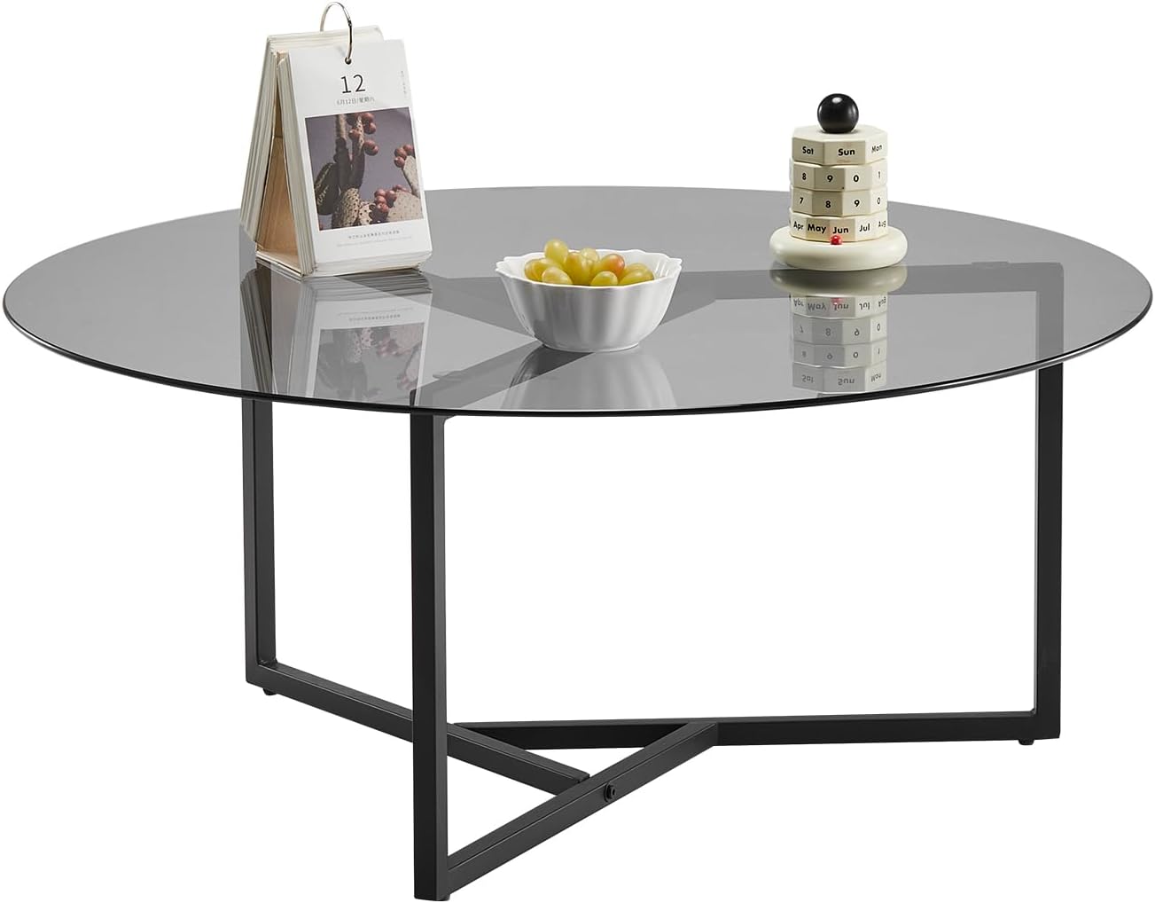 Round Coffee Table, 35.4 Inch Circle Glass Top Center Table with Iron Legs, Modern Minimalist Design for Living Room, Office (Black Top)