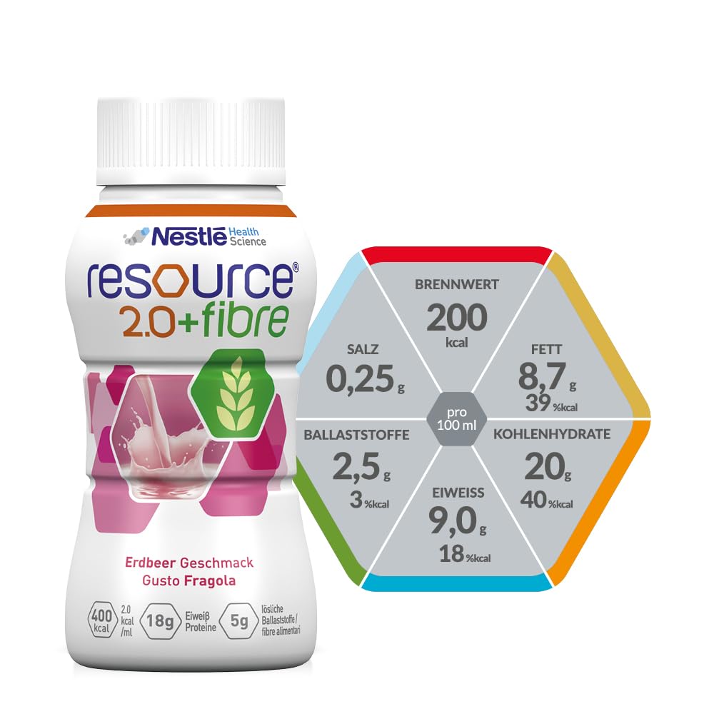 resource® 2.0+fibre Erdbeeere | 24x200ml | Hochkalorische Trinknahrung bei ungewolltem Gewichtsverlust | Astronautennahrung | Aufbaunahrung | 400 Kalorien + 18g Eiweiß/Flasche | mit Ballaststoffen
