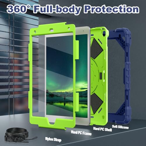 Image of WESOROL Case for iPad 9th Generation 10.2 Inch Tablet Case Military Grade Shockproof Cover for iPad 9th /8th /7th Gen Cases with Rotating Stand Screen Protector Pencil Holder,Navy Green