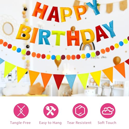 Image of CANREVEL Pre-Strung 3D Happy Birthday Banner, 3 PCS Blue Felt Garland, Pom Pom Garland, Triangle Fabric Bunting, Reusable Blue Birthday Decorations for Boys Men, Blue Orange