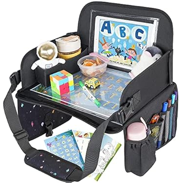 AMAZON - MENZOKE Kids Travel Tray, Travel Tray for Kids Car Seat with Educational Drawing Board，Tablet Holder & Cooler Cup Holder， Portable Road Trip Essentials Kids Gifts for Car Trip, Airplane, Black