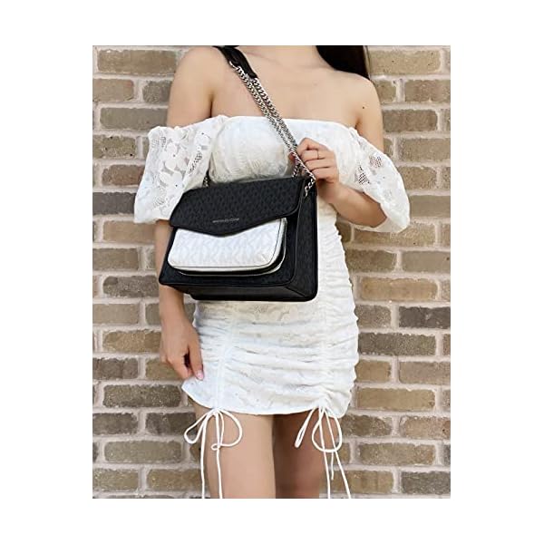 Michael-Kors-Regina-Medium-Black-White-Signature-MK-PVC-Leather-Flap-Shoulder-Bag-Handbag Michael Kors Regina Medium Black White Signature MK PVC Leather Flap Shoulder Bag Handbag