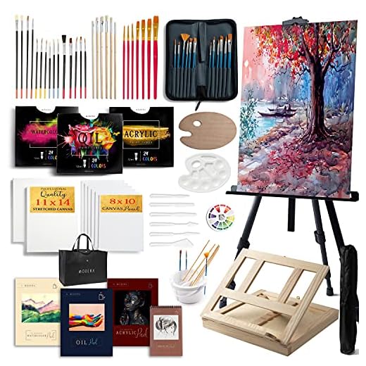 Large Deluxe Artist Painting Set, 139-Piece Professional Art Paint Supplies Kit w/Aluminum Field & Wood Table Easel for Adults, Acrylic, Oil & Watercolor Paints, Brushes, Canvases, Sketch Pads & More
