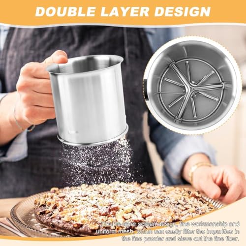 Image of Flour Sifter for Baking 3 Cup, Premium Stainless Steel Fine Mesh Sieve, Hand Press Squeeze Sifter with Comfortable Handle for Flour & Powdered Sugar, Ideal for Cake, Pastry, Bread & Dessert Baking