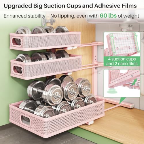Image of Kitstorack Under Sink Organizer, 1-Pack 3-Tier Height Adjustable Thickened Metal Pull out Cabinet Organizer Shelf, Slide out Storage Drawer Rack for Bathroom Kitchen Pantry Home Organization, Pink