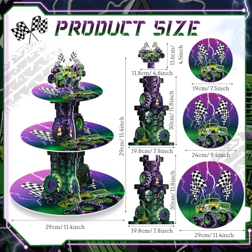 Weysat 3 Tier Green and Purple Monster Truck Party Decoration Monster Truck Cupcake Stand Themed Racing Cupcake Tower Dessert Holder Favors for Racing Baby Shower Birthday Party Table Supplies