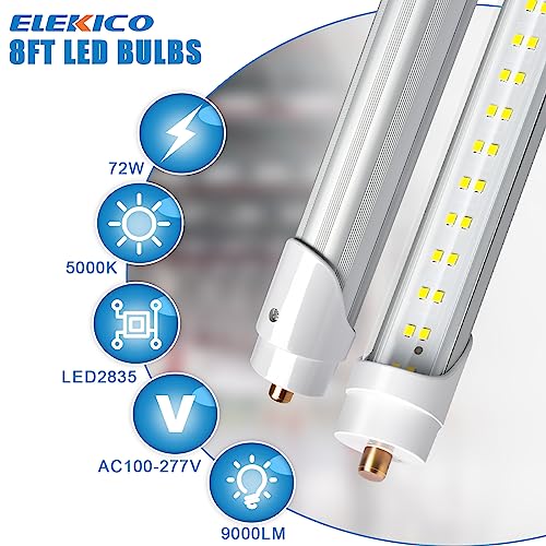 Elekico 8Ft Led Bulbs, Super Bright 72W 9000Lm 5000K, T8 T10 T12 Led Tube Lights, Fa8 Single Pin T8 Led Lights, Clear Cover, 8 Foot Led Bulbs To Replace Fluorescent Light Bulbs (Pack Of 6) #TOP1