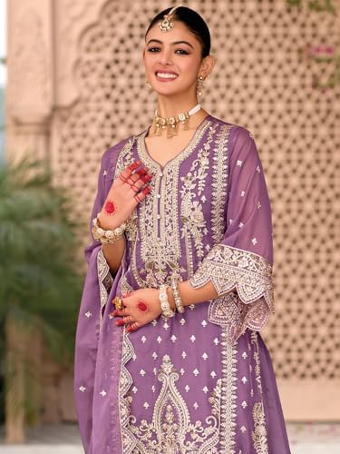 Image of INDO ERA Women's Organza Embroidered Straight Kurta and Pant with Dupatta Set (IEOUT10606)