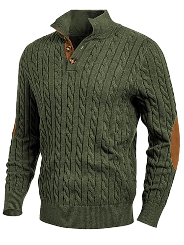 JMIERR Herren Pullover mit Zopfmuster lässiger Stehkragen grobe Freizeit-Strickpullover mit 1/4-Knöpfe Winterpullover Herren Dunkelgrün XL
