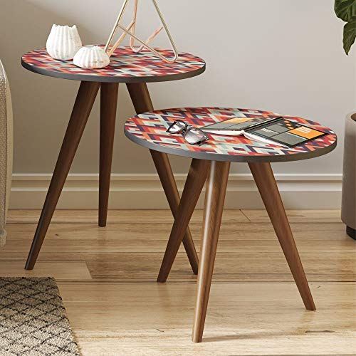 Conjunto Para Sala de Estar com Mesa de Canto e Mesa Lateral Retrô Espresso Estampa Vermelha - Be Mo