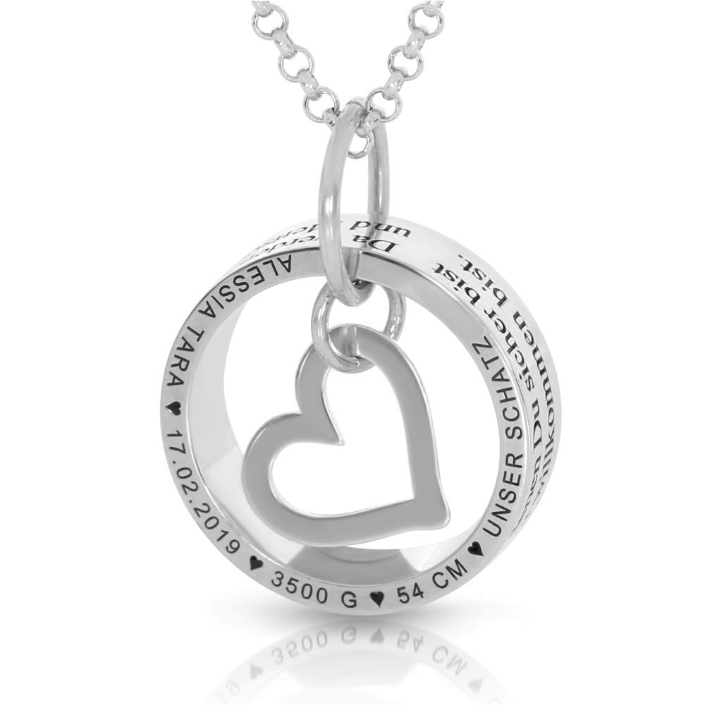 Silberkette Ring personalisiert mit Gravur Familienkette 925 Silber Herz Herzkette Familie Geburt Geschenk Baby Schmuck Mama Geburtsdaten