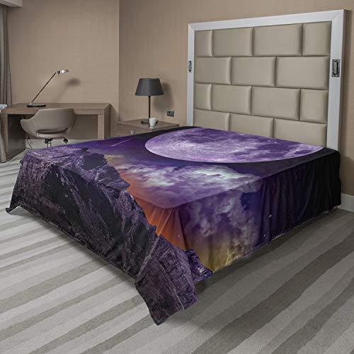 Ambesonne Mystic Flat Sheet, Fantasy Dark Night in Earth Cosmos Galaxy Planet Celestial Large Moons Comets, Soft Comfortable Top Sheet Decorative Bedding 1 Piece, Queen Size, Purple Black