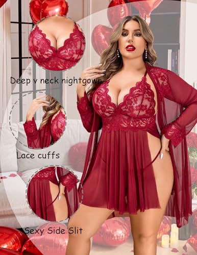 Image of Avidlove Plus Size Lingerie Sexy Lingerie Set Women's Exotic Nightgowns Lace Chemise Lingerie Side Slit Nightdress