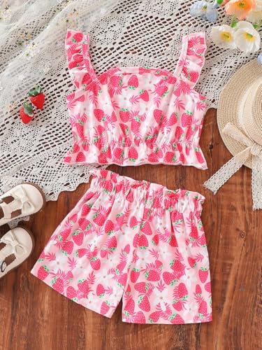 Image of Kids Toddler Girls Summer Clothes Button Design Striped Tank Top + Floral-Print Elastic Shorts 2 Piece Outfits