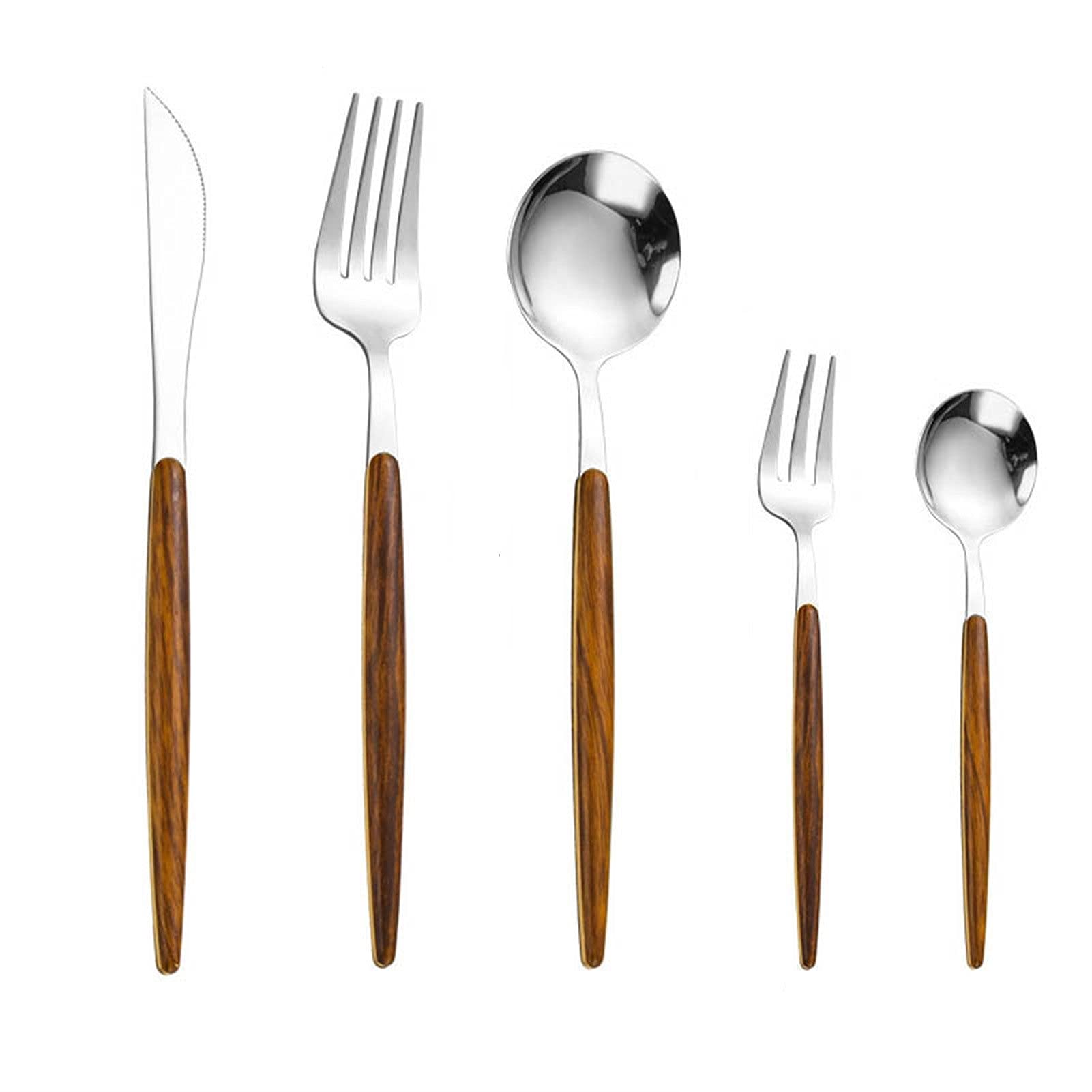 5 PCS / 30 PCS Conjunto de cubiertos de acero inoxidable de oro conjuntos de cubiertos con mango de madera cuchara de metal cuchillo de horquilla (Color : Silver(30pcs))