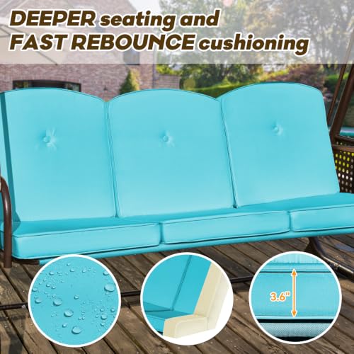 Image of 3 in 1 Outdoor Porch Swing with Adjustable Canopy, 3 Seat Outdoor Swing for Adults, Patio Swing Chair with Thickened Cushions,Pillows & Cup Holders for Backyard, Porch, Garden (Lake Blue)