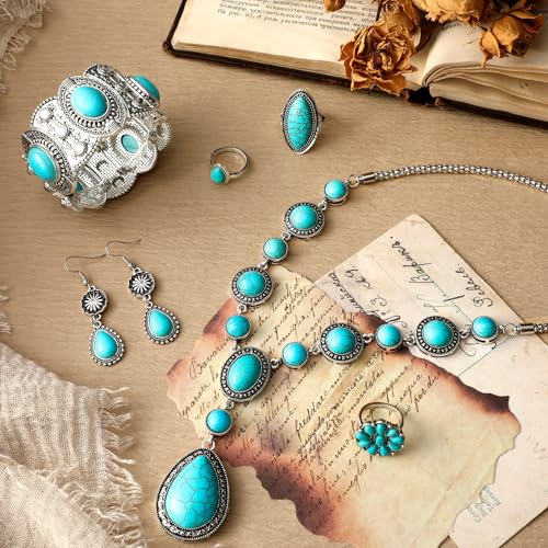 Image of Ecally Bohemian Western Jewelry Turquoise Set Women Country Pendant Long Choker Layered Bracelets Earrings Ring for Women