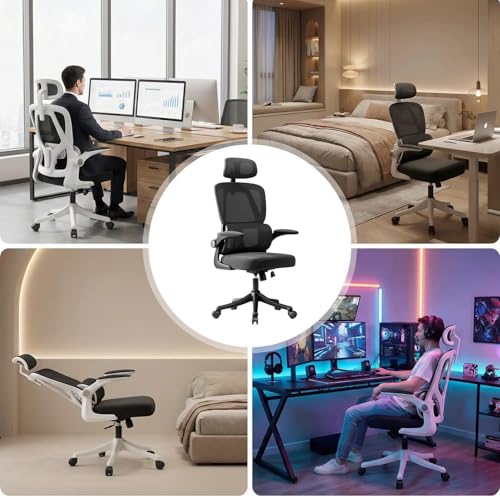 VIDITA Ergonomic Office Chair with Dynamic Lumbar Support & Adjustable Headrest – High Back Desk Chair with 90° Flip-up Arms, Comfort Mesh Computer Chair for Home Office Long Hours Sitting, Black — view 6