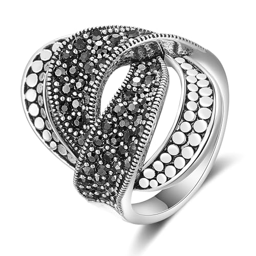 Image of Mytys Vintage Wide Ring Classic Black Marcasite Crystal Rows Statement Silver Chunky Rings