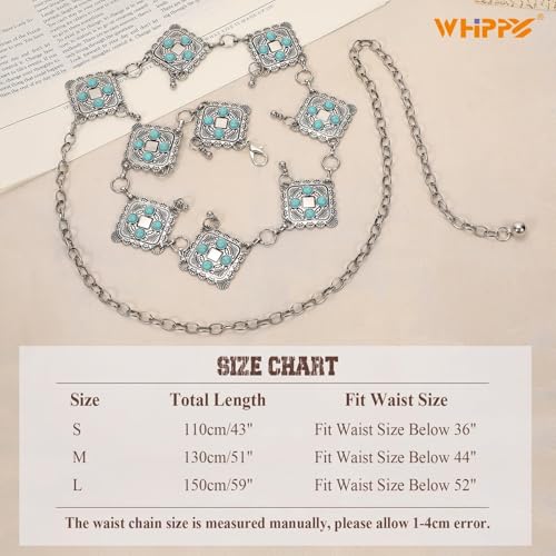 Image of WHIPPY Western Metal Concho Belt for Women Vintage Cowgirl Boho Turquoise Chain Belts for Dresses Jeans