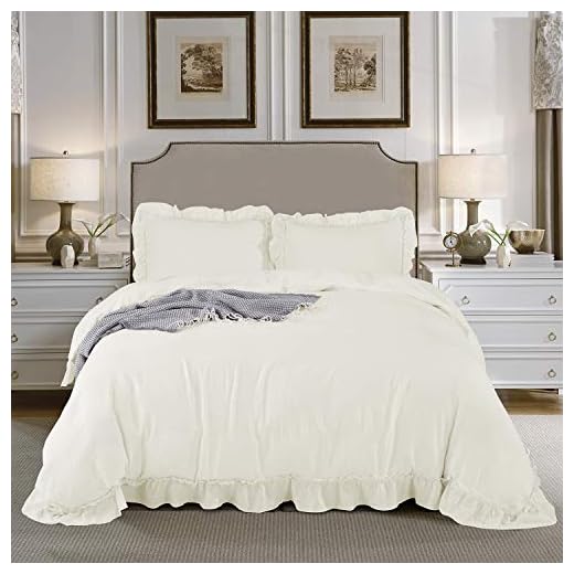 HIGI 3-Piece Chic Queen Ruffle Duvet Cover Ivory - Handmade Rustic Ruffle - Easy Fit and Easy Care - 100% Cotton-Feel Washed Microfiber - Romantic Country Style Breathable Bedding Set(Jana)