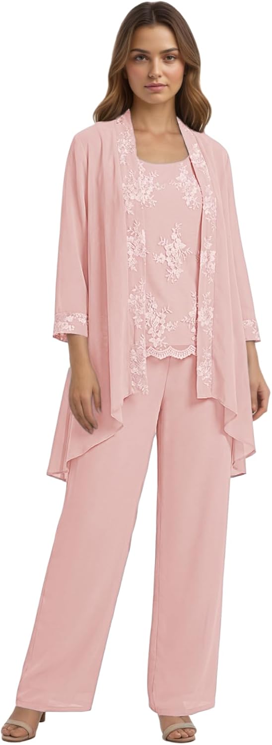 3-Piece Mother of The Bride Pant Suits Long Sleeve Chiffon Women Pantsuit Formal Wedding Guest Evening Outfit KV001