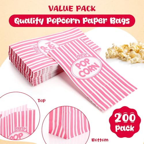 Image of Potchen 200 Pcs Paper Popcorn Bags Bulk 2 oz Large Individual Serving Popcorn Bag Flat Bottom Disposable Container Vintage for Movie Night Themed Summer Back to School Party Carnival (Pink)