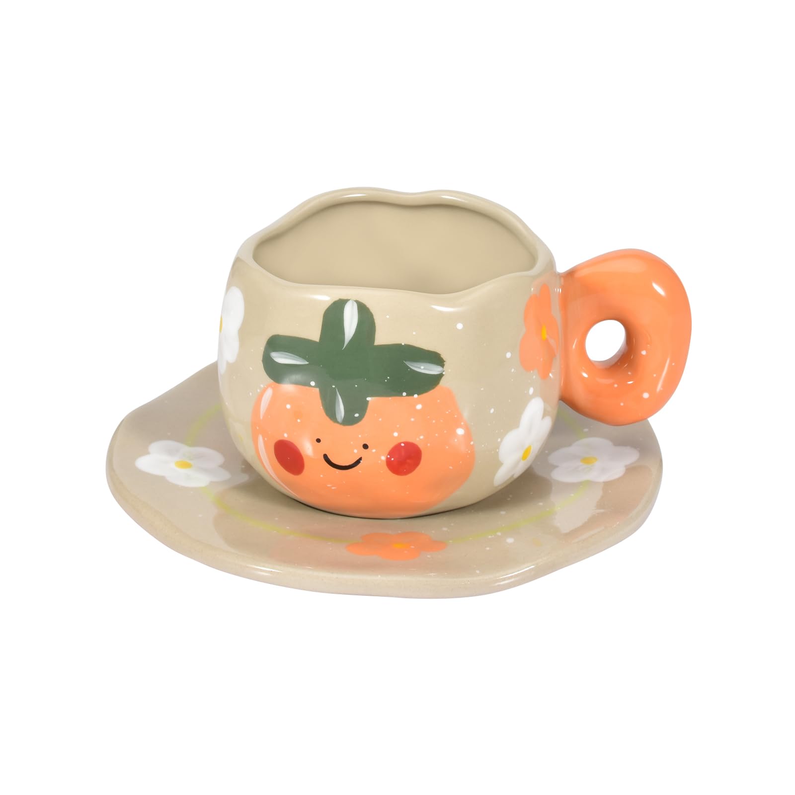 Koythin Ceramic Coffee Mug with Saucer Set, Cute Hand-made Fruits Pattern Style Cup Saucer for Office and Home, Dishwasher and Microwave Safe, 8.5 oz/250 ml for Latte Tea Milk (Persimmon)
