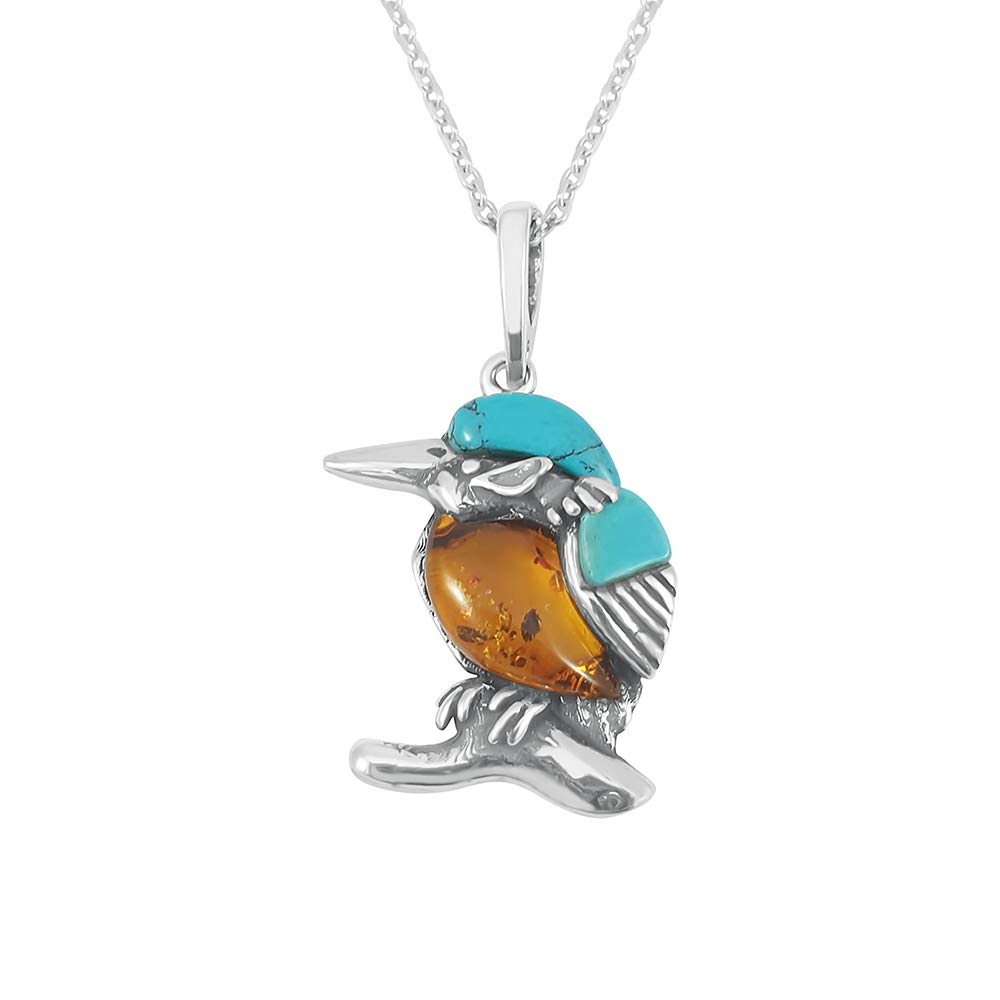 Collana con ciondolo a forma di piccolo martin pescatore in argento Sterling, con inserto in ambra baltica e turchese, su catenina in argento Sterling da 45,7 cm, Argento Sterling,
