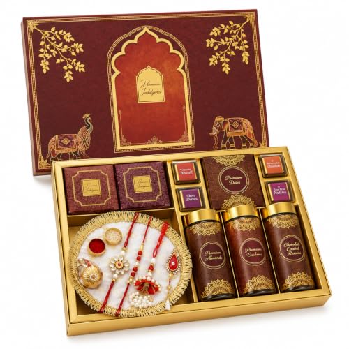 Image of NUTRISNACKSBOX Rakhi Gift Hamper Red for Brother & Bhabhi | 14 Items Premium Gift Box | Dry Fruits, Cookies, Chocolates, 2 Rakhis & Lumba
