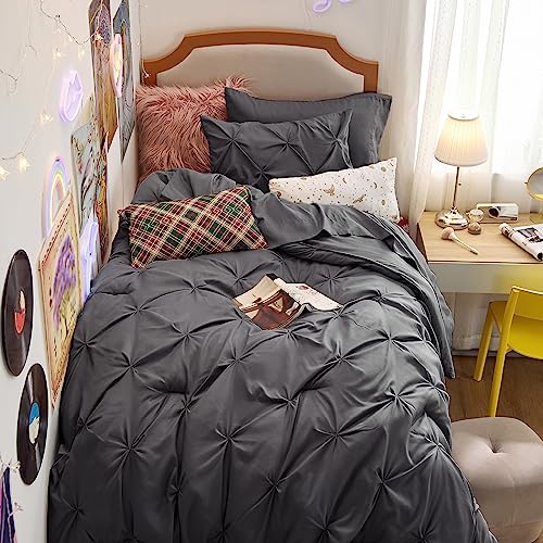 Image of Bedsure Twin Comforter Set Dark Grey - Bed in a Bag Twin Size Bedding 5 Pieces, GentleSoft Pintuck Bed Set Gift for Family, All Season Down Alternative Comforter with Sheets, Pillowcase & Sham