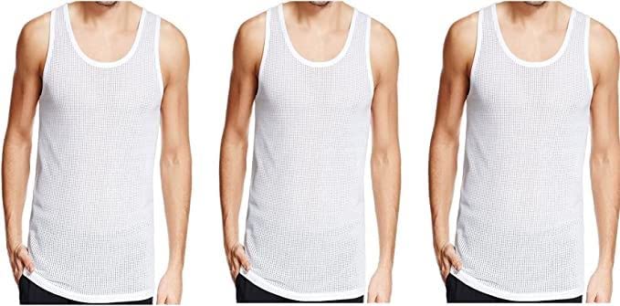 Mens Vests Sleeveless Summer Fishnet Casual Tank Top Mesh Ice Pack Vest For Men -Plain White-Pack Of 3-S
