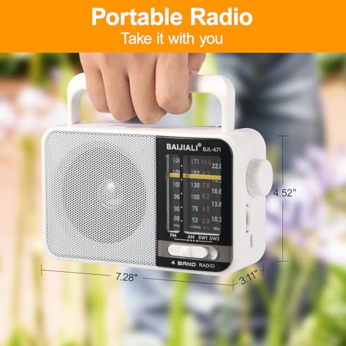 Image of BAIJIALI AM FM SW Portable Radio - Dual Power (Battery /USB) Emergency Receiver with Loudspeaker, Transistor Design for Indoor /Outdoor, Travel & Survival Kit Ready (White, BJL-671)