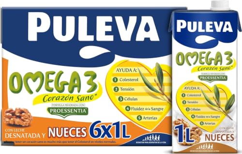 Puleva Omega 3 Proessentia® Nueces brik 1L - Caja 6 litros | Leche con Omega 3 sabor nueces, ayuda al funcionamiento normal del corazón. Enriquecida con vitaminas A, D y E. Pack 6x1L.