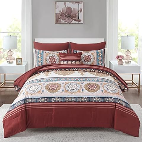 Rust Red Boho Comforter Set Queen Size Jacquard Stripe Bed in a Bag Comforter Set 8 Pieces Floral Comforter Set for All Seasons Cover