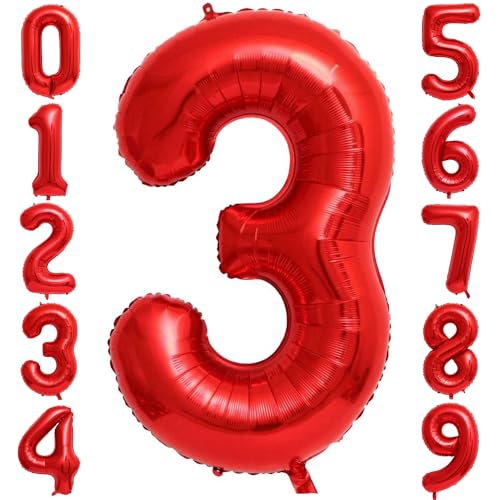 Image of Red 3 Number Balloons,40 Inch 3 Balloons Foil Mylar Helium Big Red 3 Balloon Number for Birthday Party Anniversary Decorations