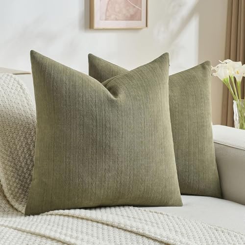 Ystyle Funda Cojin 60x60 cm Juego de 2, Chenilla Decorativo Funda de Cojíns con Motivo de Espigas, Sólido Cuadradas Funda de Almohada del Sofá, del Hogar Sofá Dormitorio Coche, Verde Oliva