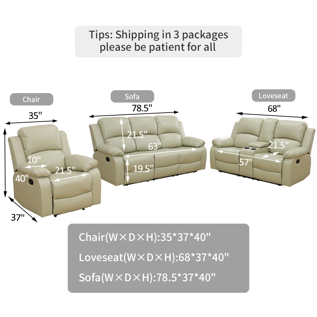 Toseslo Living Room Furniture Set, Manual Reclining Sofa Set, Beige Leather Recliner Couch Sets with Drop-Down Table, Recliner Sofa with Storage Console/Cup Holder for Living Room/Apartment view 2