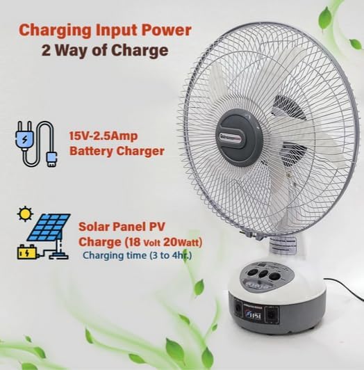 Image of Make in India 16-Inch Rechargeable Table Fan - High Speed AC /DC & Solar Powered Fan with battery,Recharge System, Includes Solar Panel 60 watt