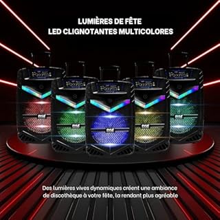 Pyle Enceinte Sono Bluetooth Portable – 1200W, Batterie, Noir Subwoofer et Tweeter LED Éclairage Micro Filaire SD,USB,AUX Radio FM Enregistrement et Roues