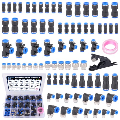 XaXmTee 80 Pcs Quick Connect Air Line Fittings Kit Pneumatic Push Lock Air Fittings 1/8",1/4",3/8",1/2" Push to Connect & NPT Thread Air Hose Fittings Quick Release Airline Fitting Kit