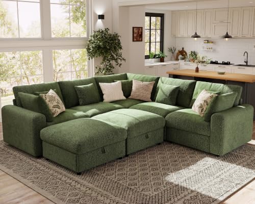 Image of Ihanherry Oversized Cloud Sectional Couches for Living Room, Modular Sectional Sofa with Wide Deep Seat, Coner Couch with Throw Pillow and Storage Ottoman, Green